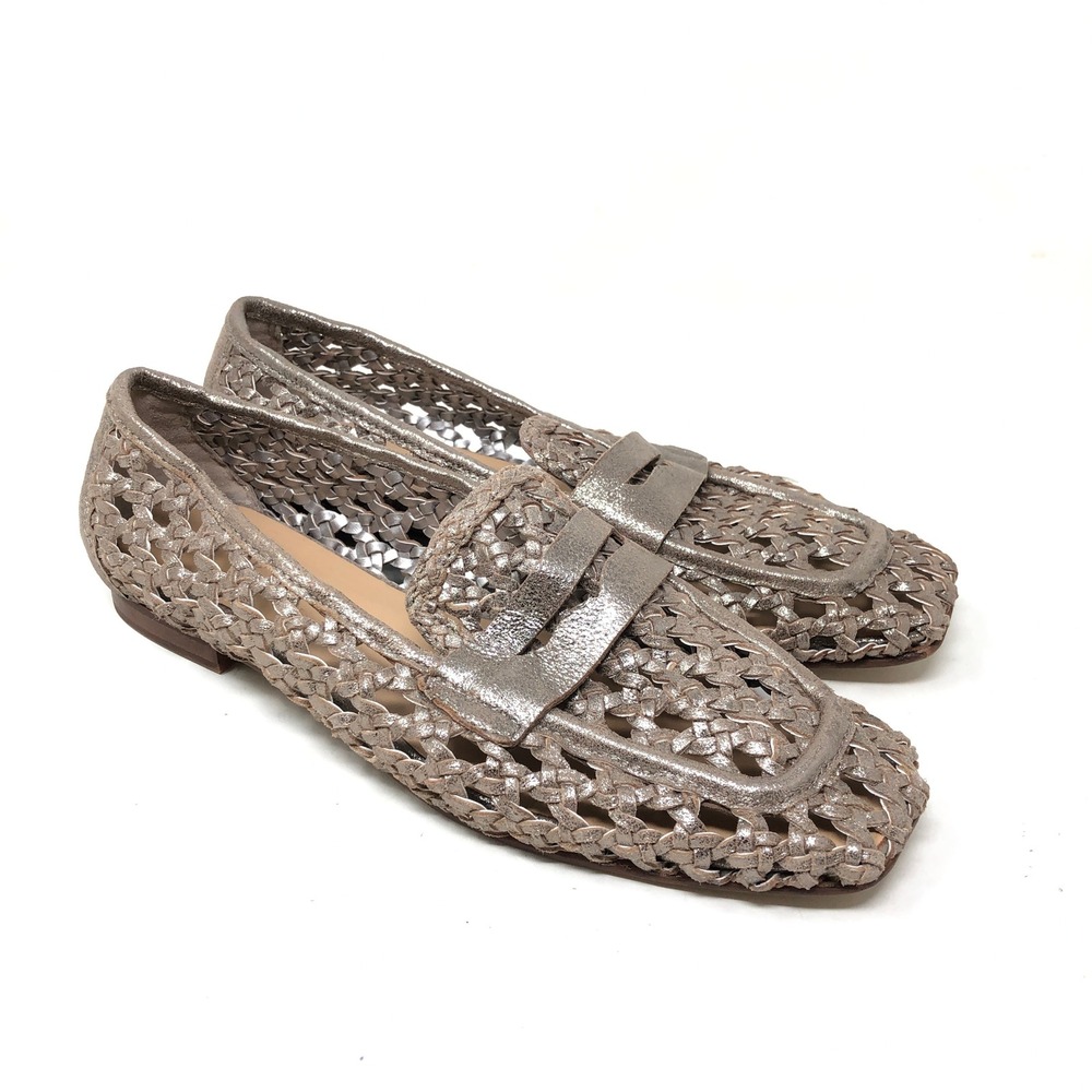 Donald Pliner Womens 7.5 Woven Penny Loafers Naolin Pewter Metallic Slip On Shoe